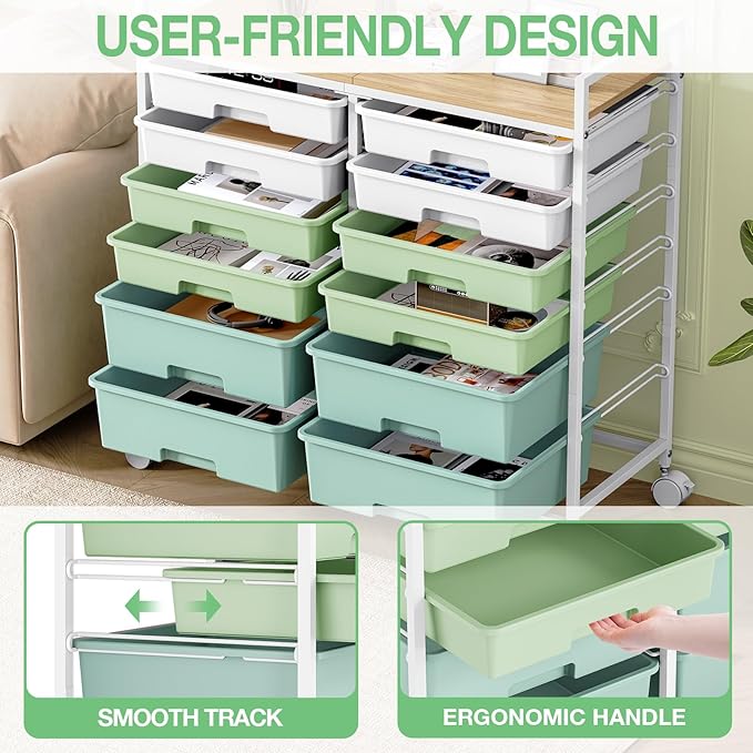 Rolling Storage Cart with 12 Drawers, Wooden Tabletop Utility Cart - Image 5