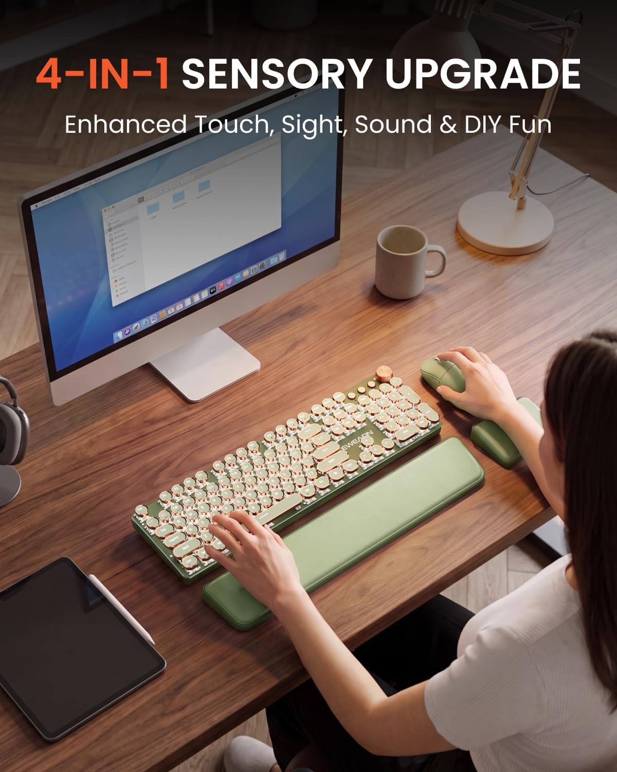 Wireless Keyboard and Mouse Combo, Dual Wrist Rest, Tri-Mode Typewriter