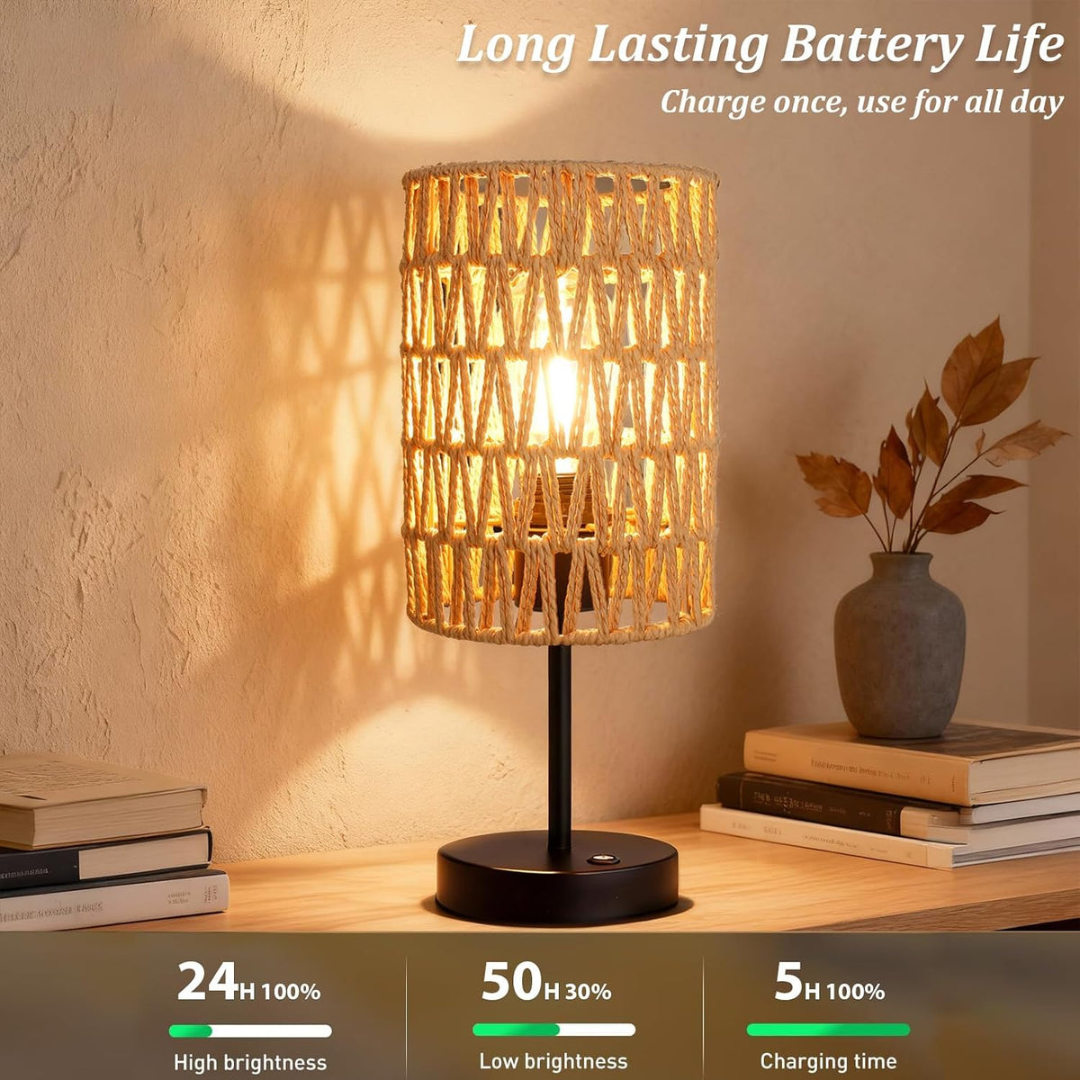 Rechargeable Outdoor Table Lamps, Rattan Boho Cordless Battery Operated Table...