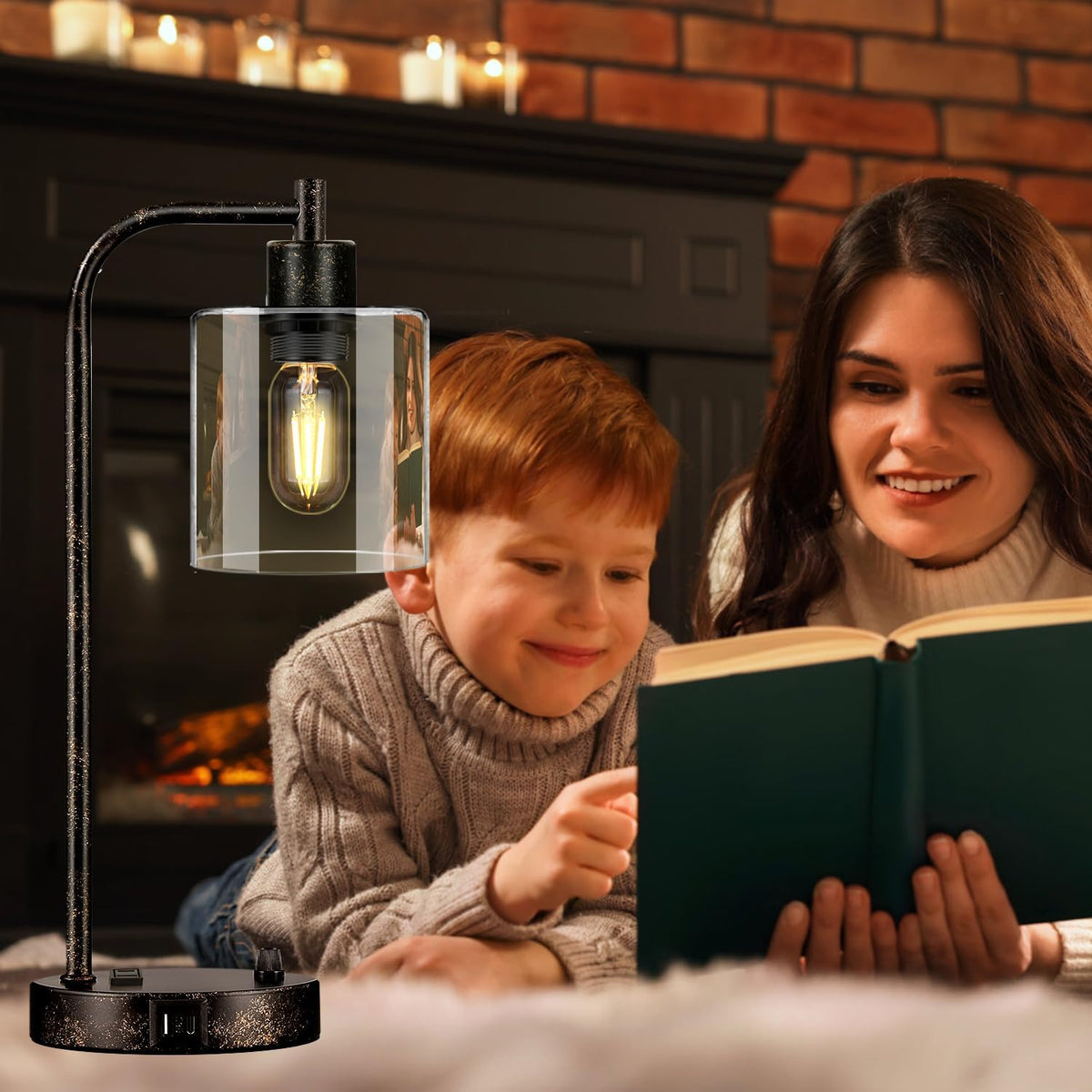 Set of 2 Industrial Table Lamps with USB Port, Rustic Black Fully Stepless Di...