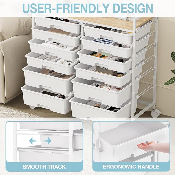 Rolling Storage Cart with 12 Drawers, Wooden Tabletop Utility Cart - Image 5