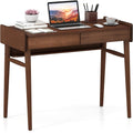 Tangkula Bamboo Mid Century Desk with 2 Storage Drawers, Home Office Study Writing Desk with Shelf & Cable Management Groove, Home Office Desk for Working & Learning (Brown)