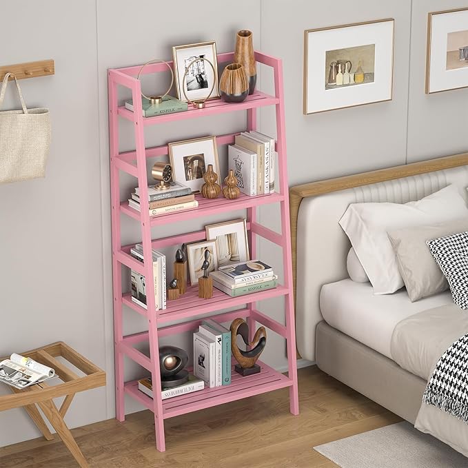 Homykic Bamboo Ladder Bookshelf, 4-Tier Ladder Shelf Open Book Shelf - Image 4