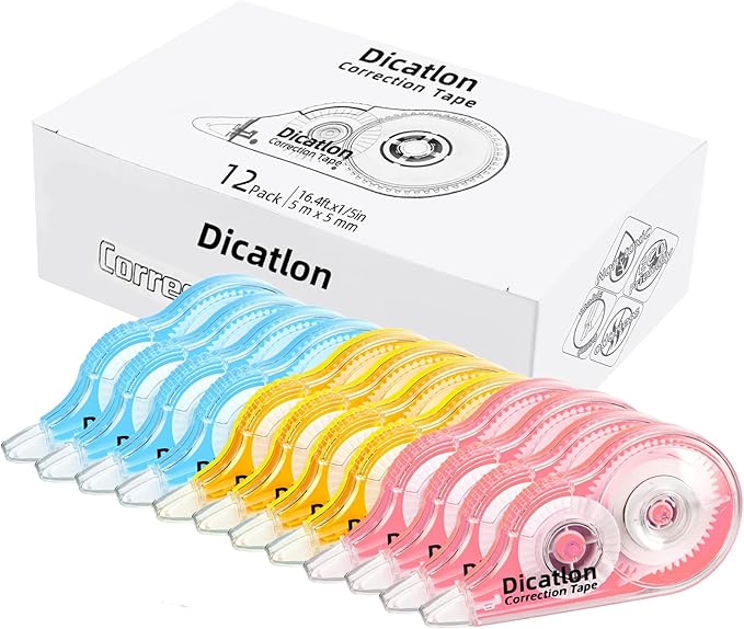 Dicatlon White Correction Tape 12 Pack, Easy Use Roller Applicator, Instant Dry by Dicatlon