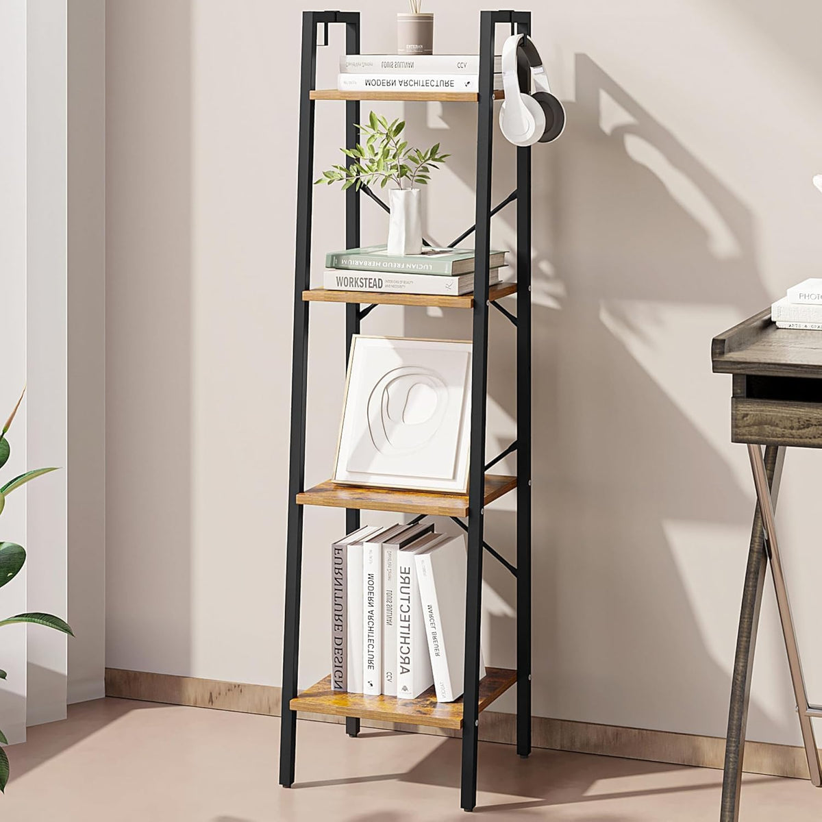Hzuaneri Ladder Shelf, Bookshelf Bookcase, Freestanding Corner Storage Shelve