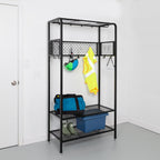 honey-can-do garage entryway storage unit with light, hooks shown in use