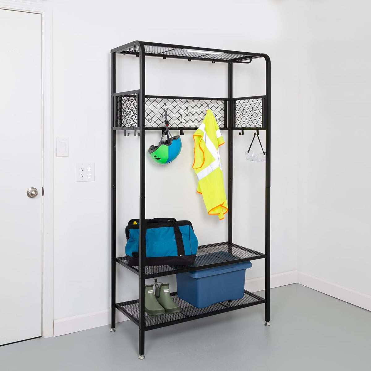 honey-can-do garage entryway storage unit with light, hooks shown in use