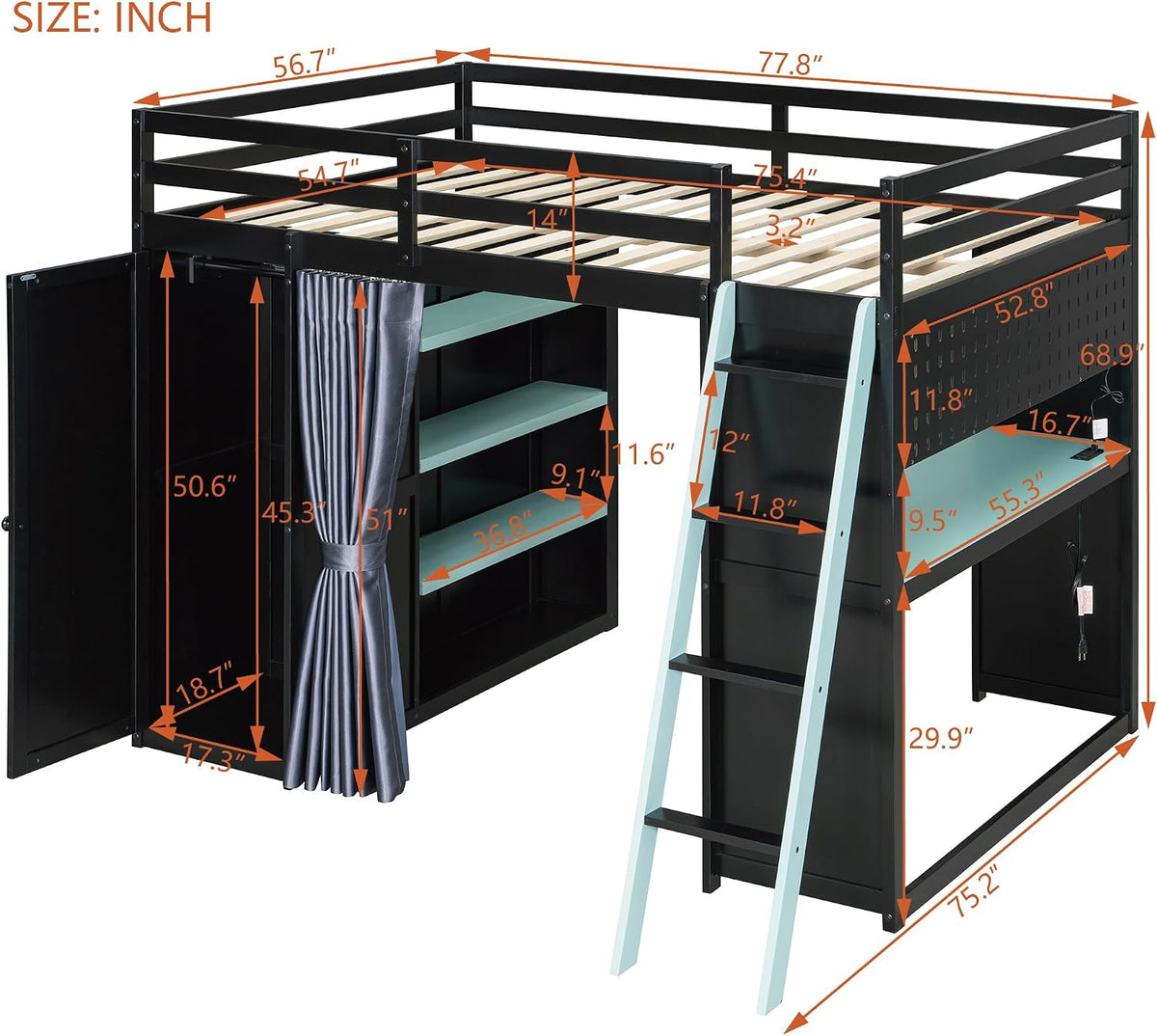 Merax Full Size Loft Bed with Desk and 6 Storage Shelves, Wardrobe, Blackout ...