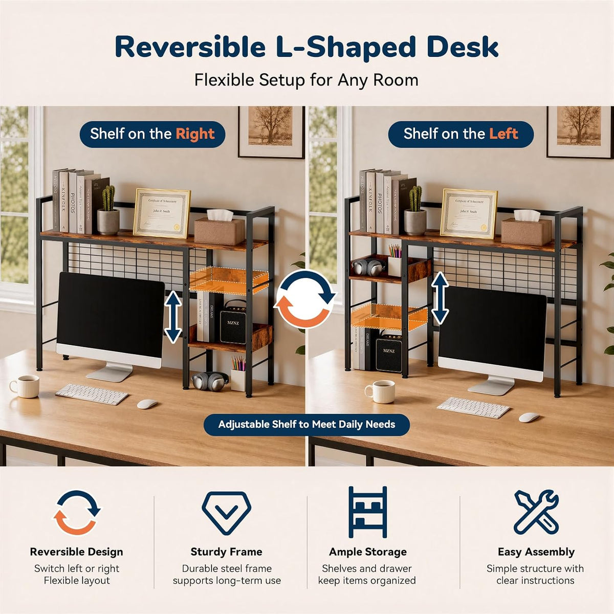 Desk Shelf, 38.6" Desk Hutch with Pegboard Hooks Set, Rustic Brown