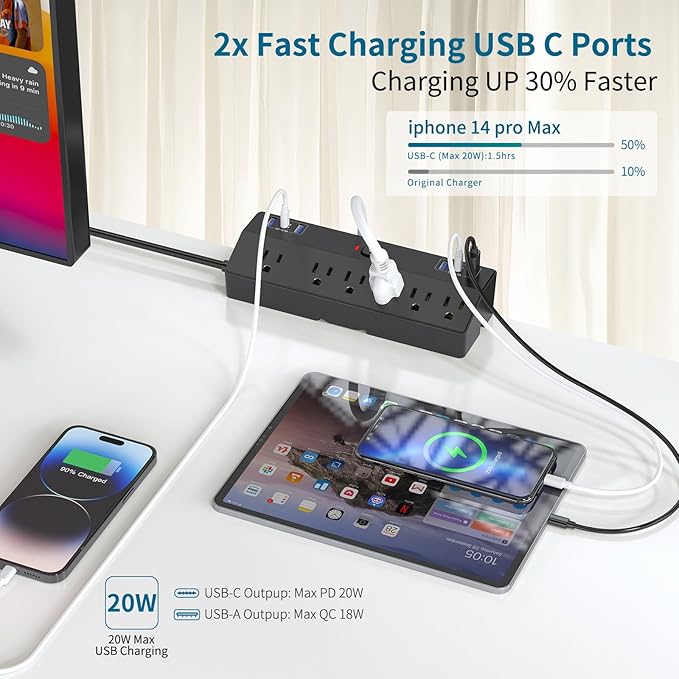 Desk Clamp Power Strip 2 USB C Desktop Mount Outlet Charging Station, 10FT - Image 3