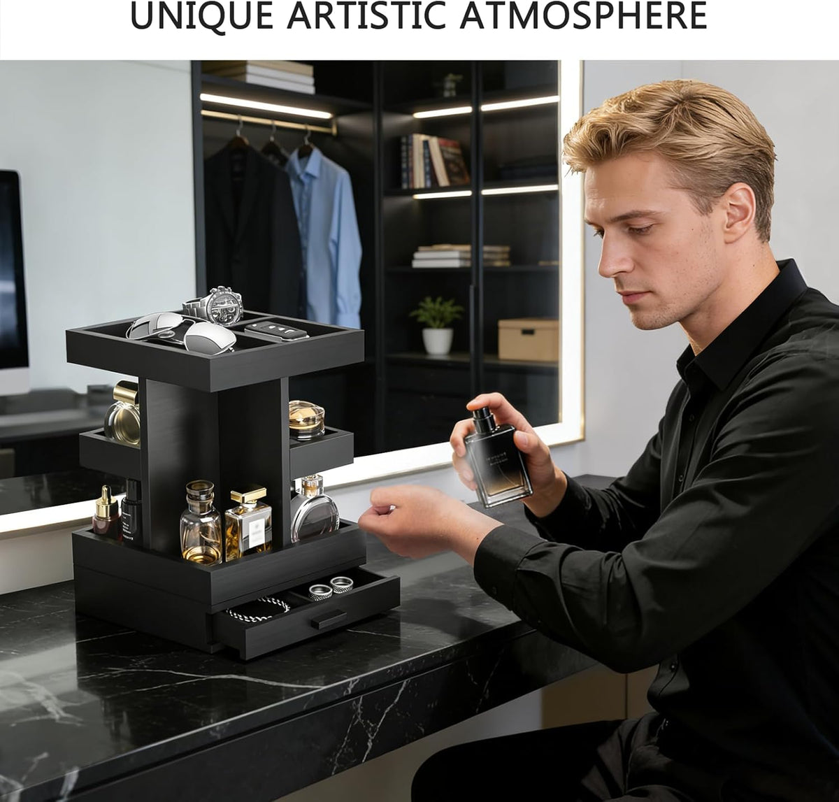 Rotating Cologne Organizer for Men, 3 Tier Wooden Stand with Drawer