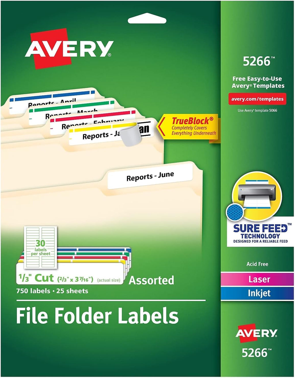Avery 5266 Permanent Filing Labels, 1/3 Cut, 750/PK, RD/BE/GN/PE/YW