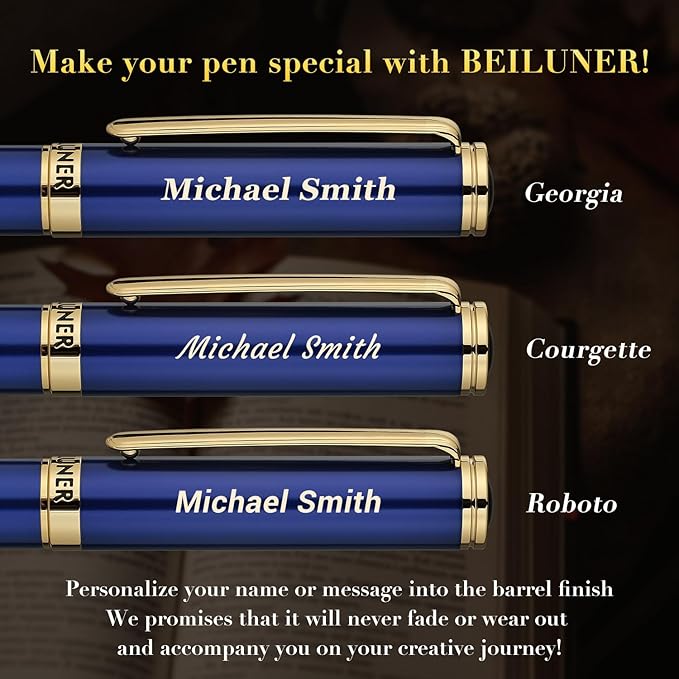 BEILUNER Blue Personalized Fountain Pen, Stunning Luxury Lacquer, 24K Gilded Nib - Image 2