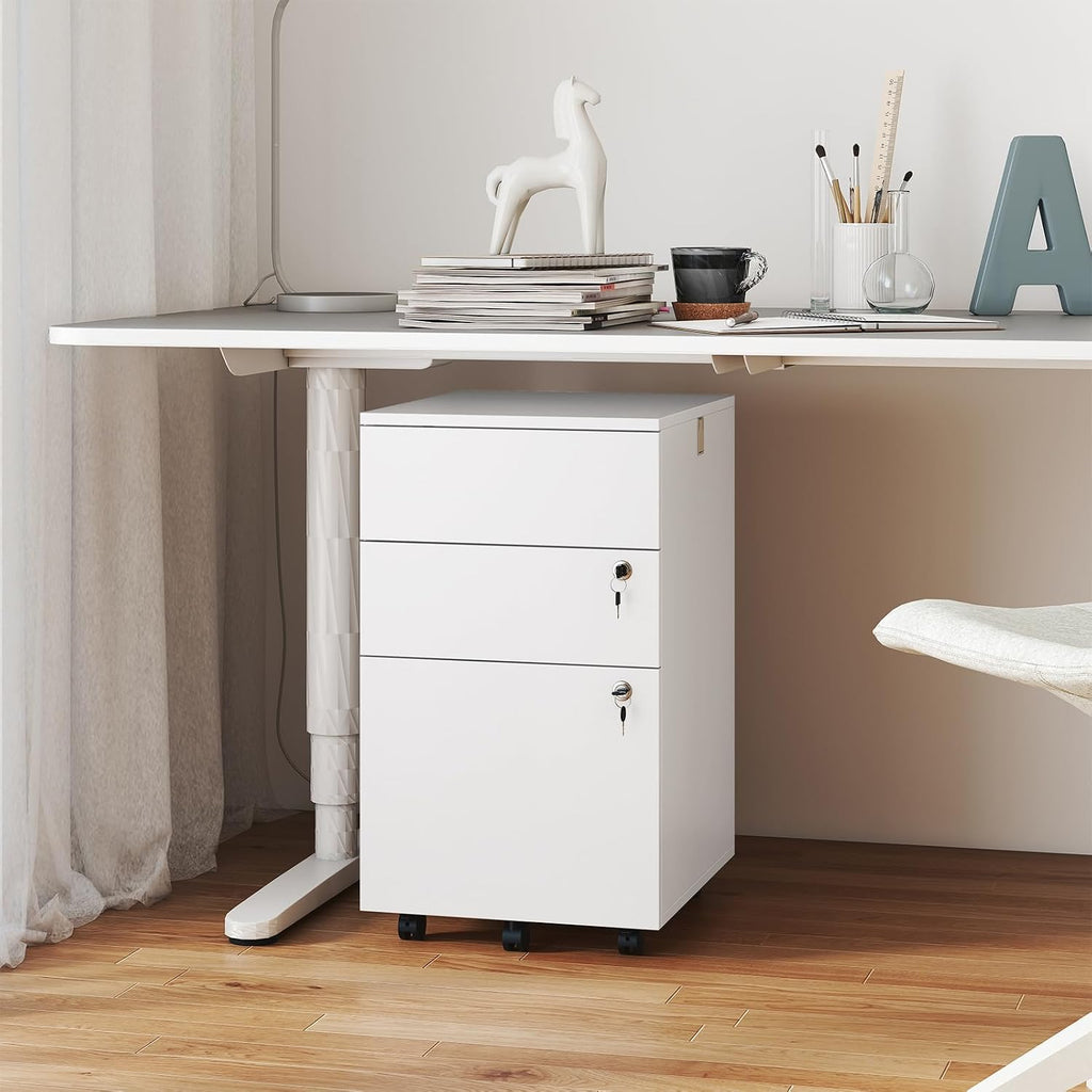 Giantex 3-Drawer File Cabinet with Lock, 27-Inches Storage Cabinet with 2 Side Hooks, Mobile Printer Stand, Wheels, 4 Keys, Vertical Filing Organizer fits Letter/A4 Size for Home Office (White)