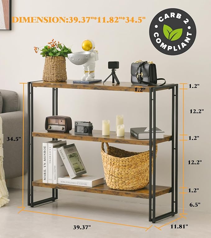 HCHQHS 3-Tier Rustic Wood and Metal Industrial Bookcase - 40in - Image 3