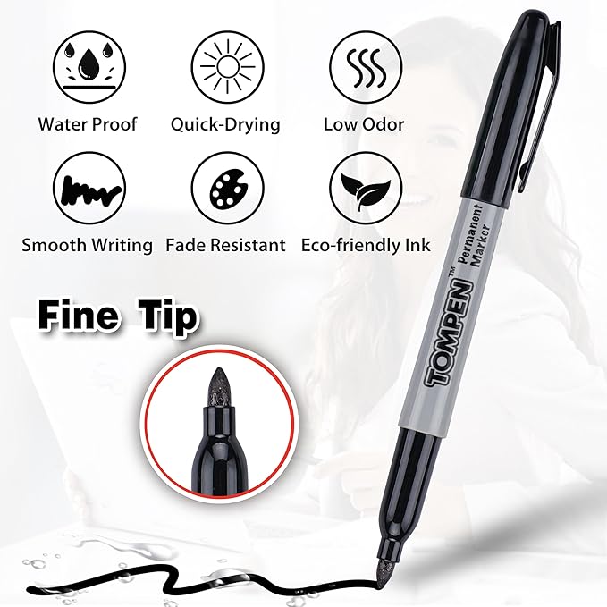 TOMPEN Black Permanent Markers Fine Tip 160 Pack Bulk, Waterproof Permanent - Image 2