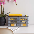iris usa 4-pack, 3-drawer small plastic stacking desktop on a desk or shelf