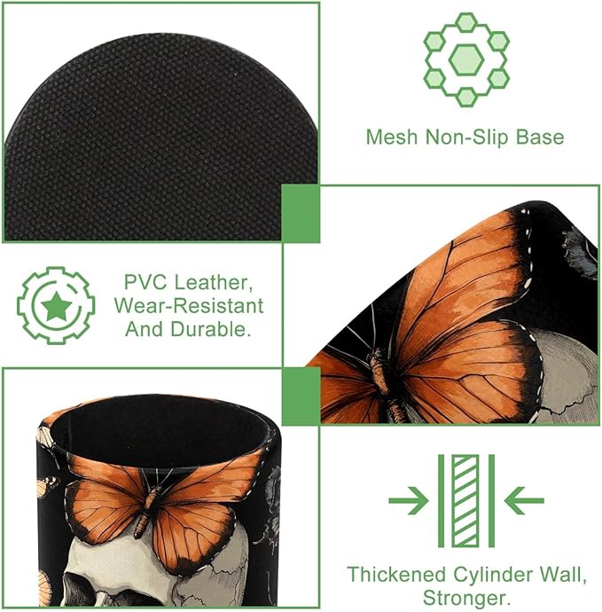 Leather Pen Holder for Desk, Butterfly Skull Pencil Cup Desktop Organizer - Image 2