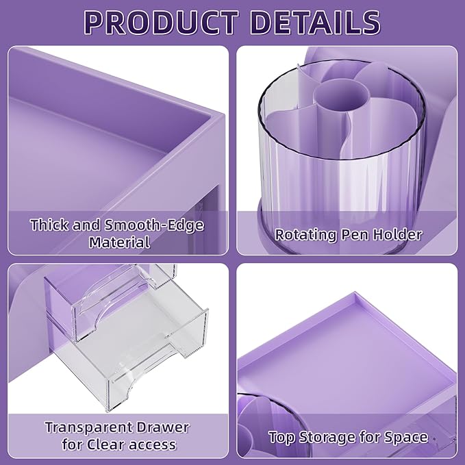 Marbrasse Desk Organizer with 2 Drawer, 360°Rotating Pen Holder, Desk - Image 5