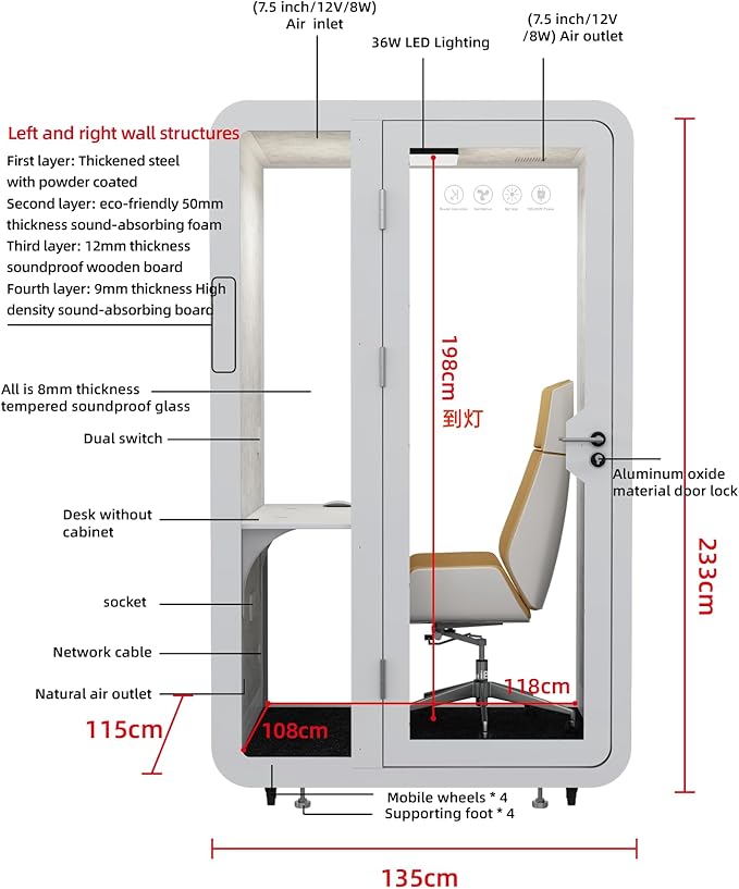 GEARONIC Solo Office Sound Booth Pod Audio Privacy, Mobile Roller - Image 9
