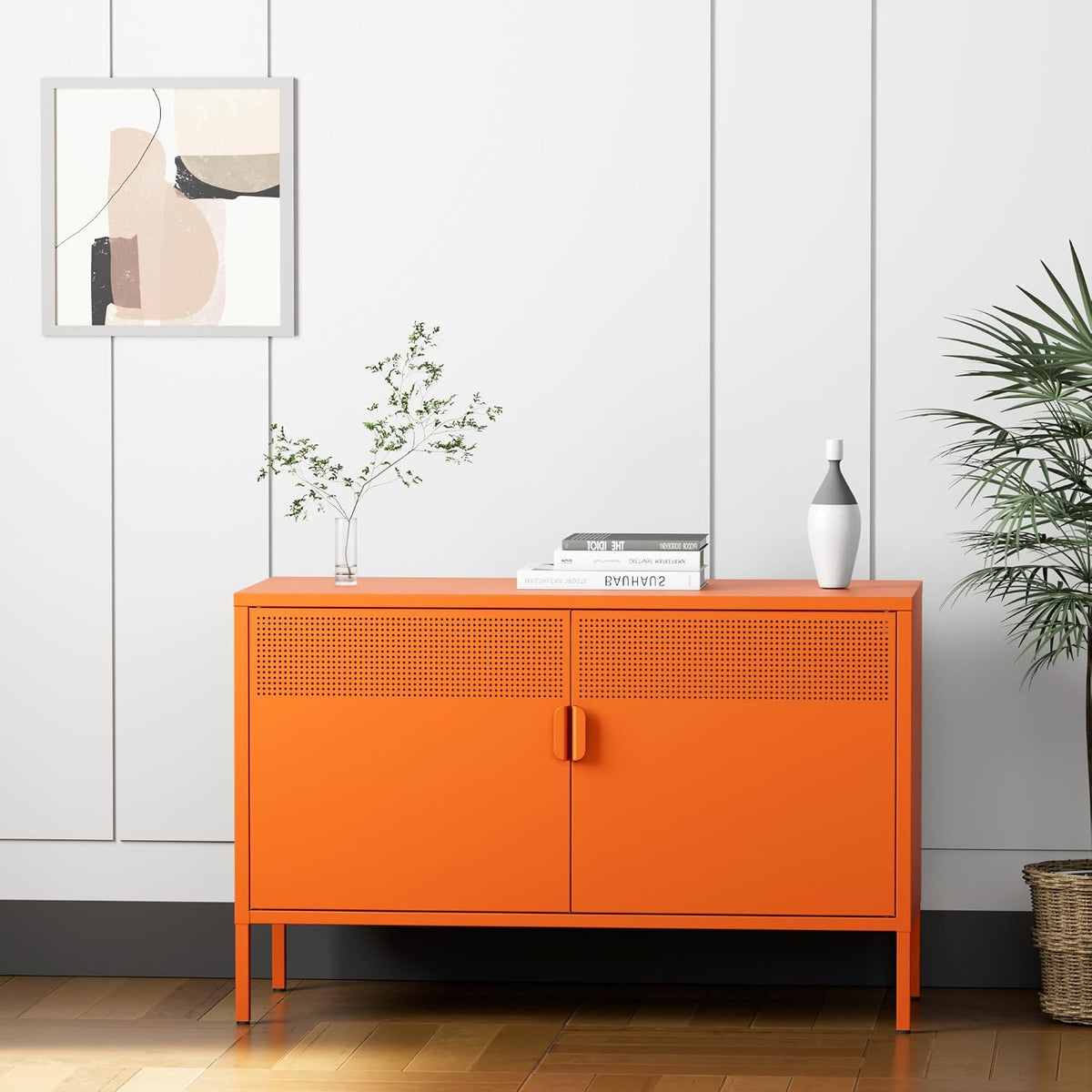 washsemba 2 door accent cabinet,orange metal storage cabinet, close-up detail