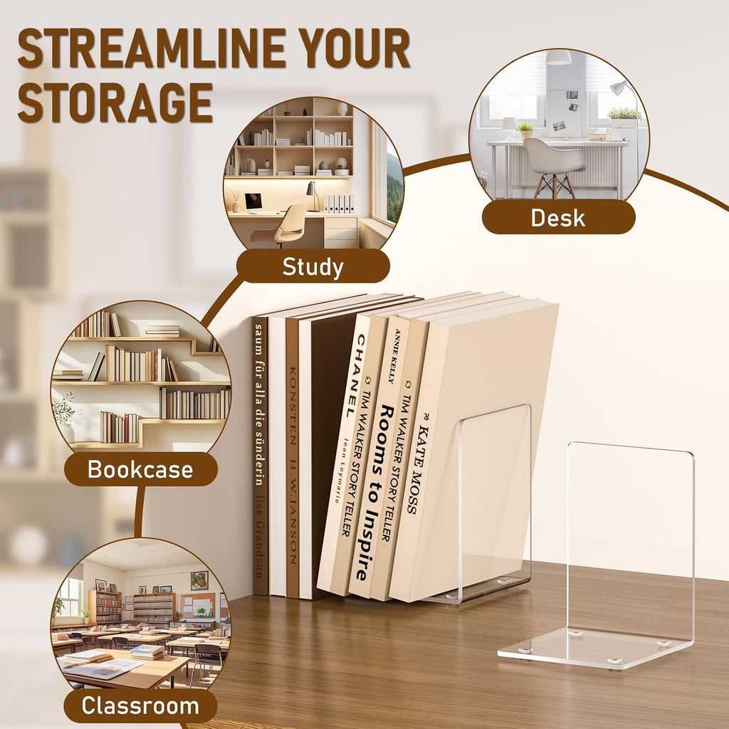 VFINE Acrylic Bookends 6 Pieces, Clear Book Ends for Shelves, Book Holders for Shelves, Transparent Book Dividers for Shelves, Stylish Book Stopper Organizer for Home Office Desktop Supplies