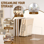 VFINE Acrylic Bookends 6 Pieces, Clear Book Ends for Shelves, Book Holders for Shelves, Transparent Book Dividers for Shelves, Stylish Book Stopper Organizer for Home Office Desktop Supplies