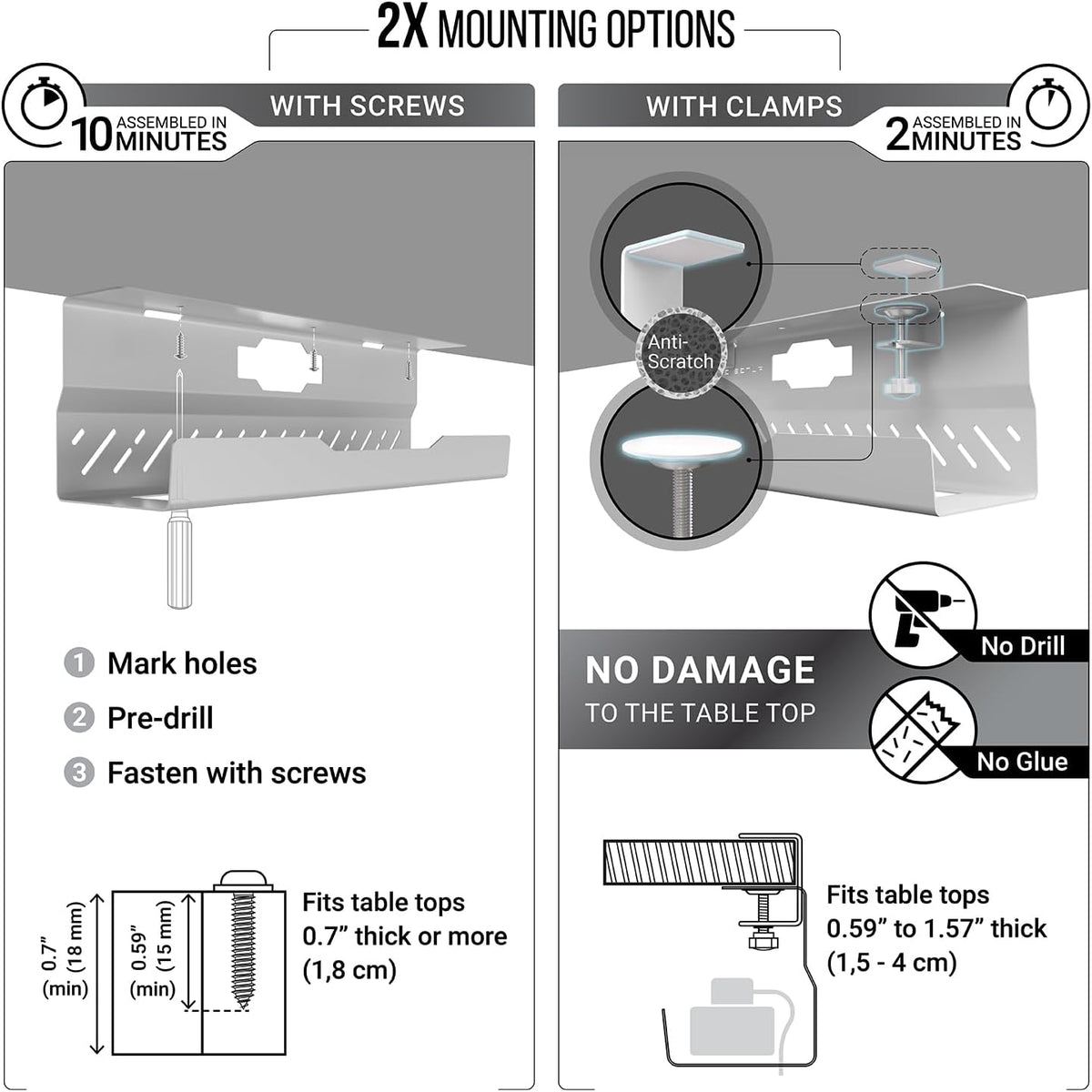 Under Desk Cable Management Tray no Drill – Wire Management - Cord Organizer ...