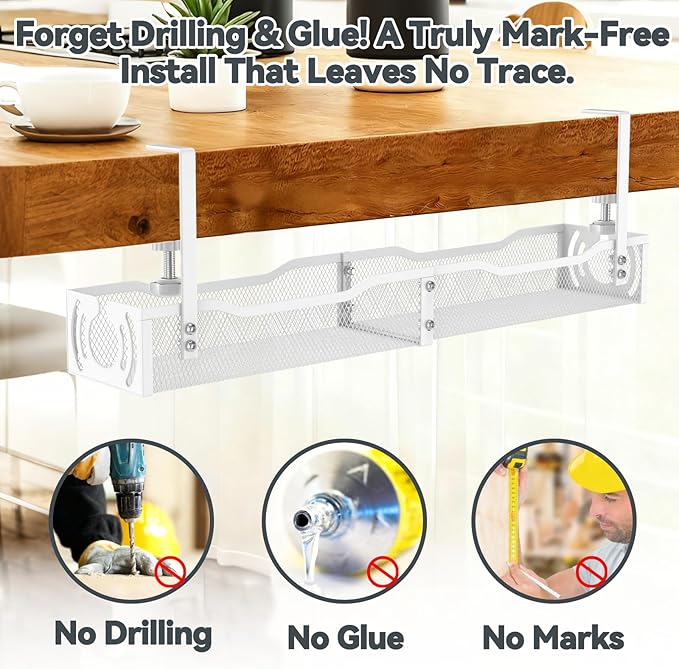 Cable Management, 25.3'' Under Desk Cable Management Tray No Drill, Metal Cable - Image 4