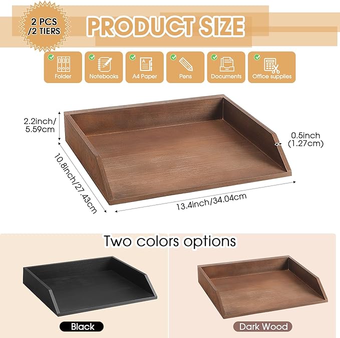 Beeveer 2 Pcs Wooden Letter Trays Wood Letter-Size Desk Organizer Heavy Duty 2 - Image 2
