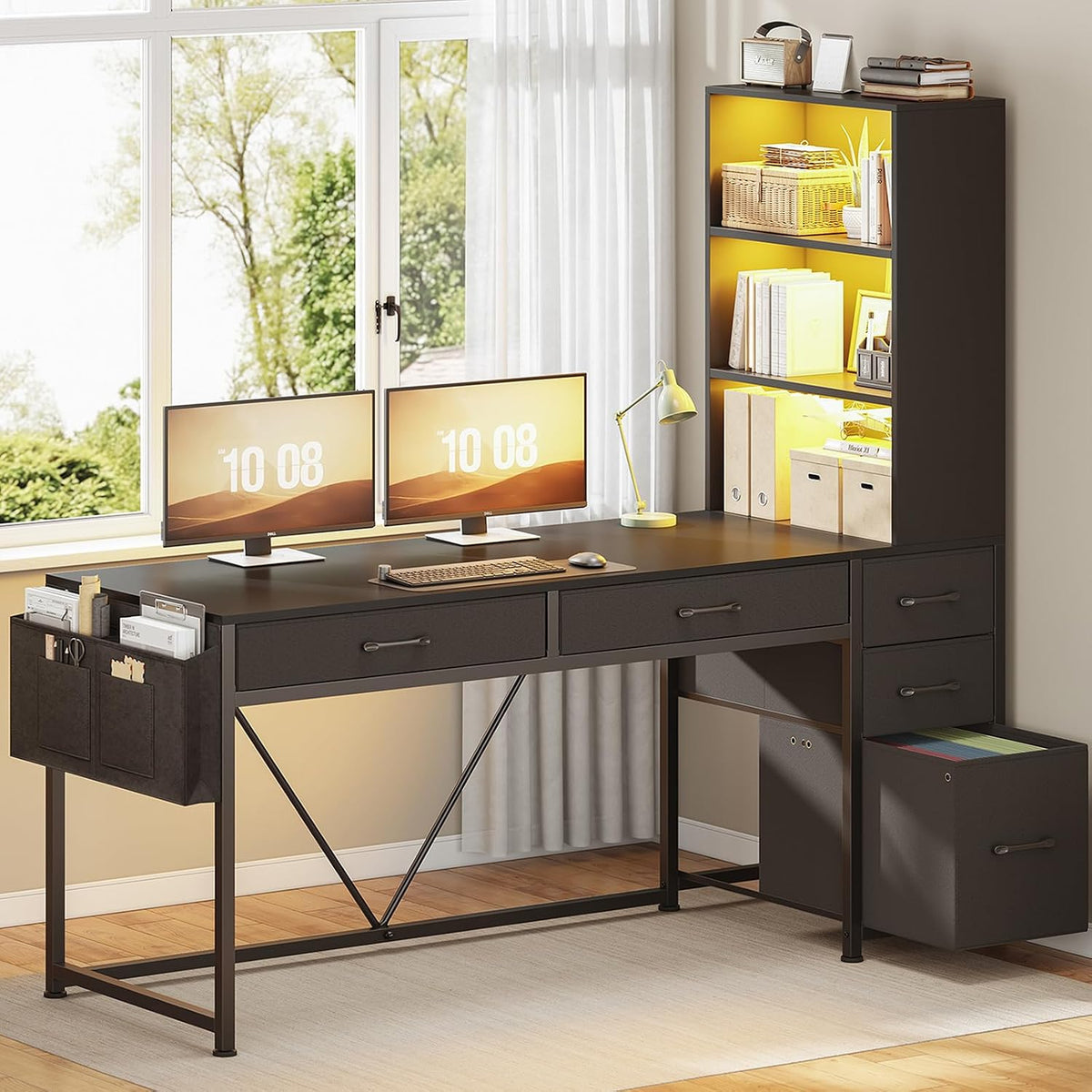 SEDETA Computer Gaming Desk with 5 Drawers and Bookshelf, Reversible Home Off...