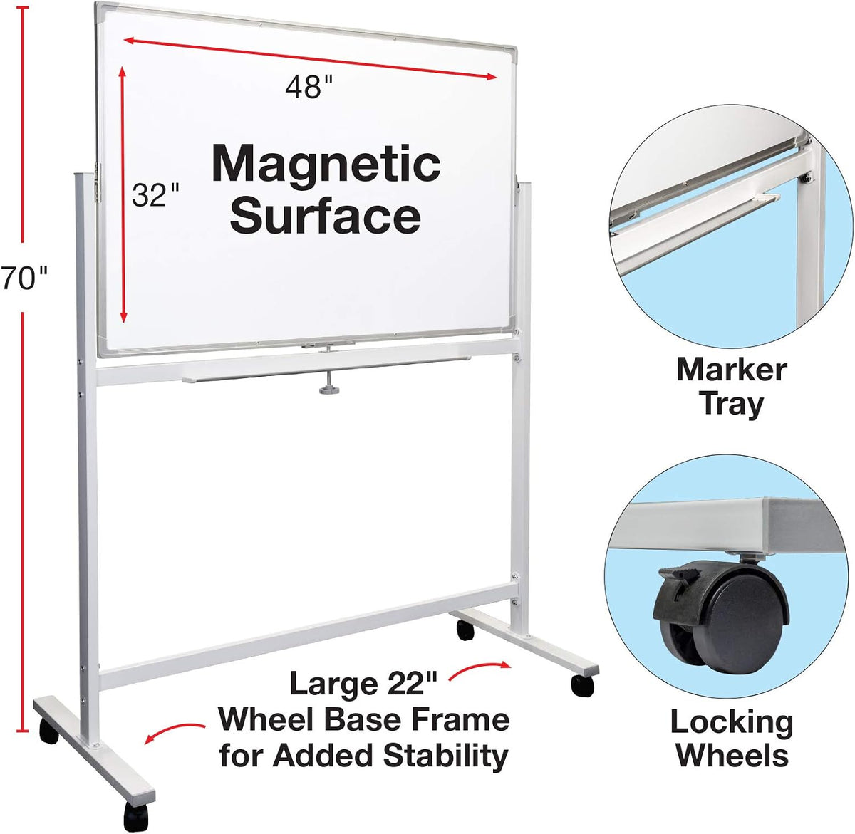 Excello Global Products Reversible Whiteboard on Wheels - 48"x32" w...