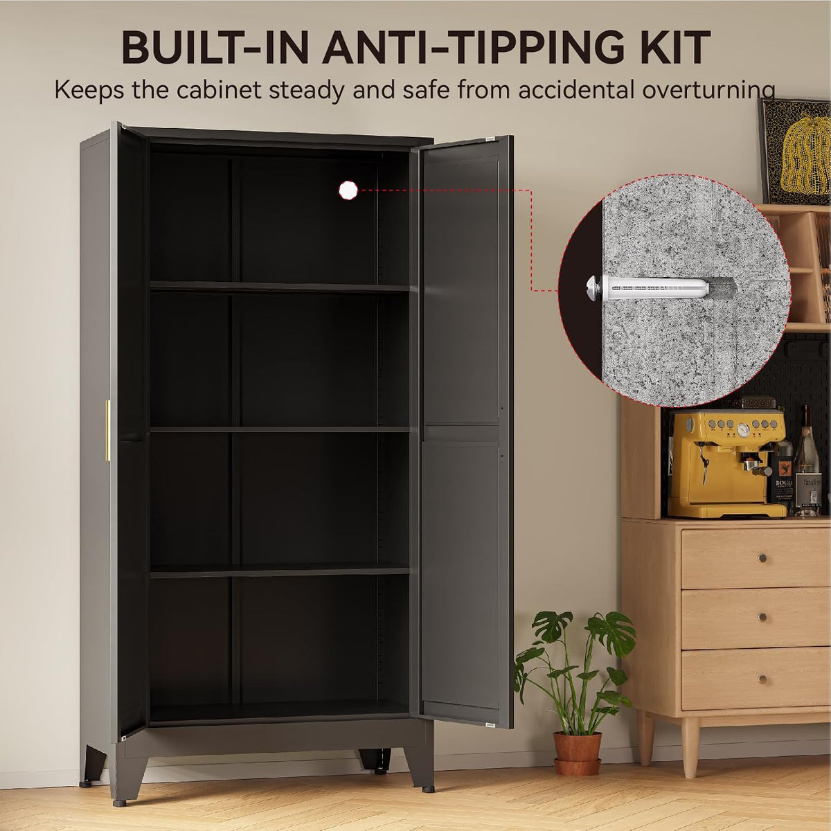 cofar 61" metal pantry cabinet in black, modern on a desk or shelf