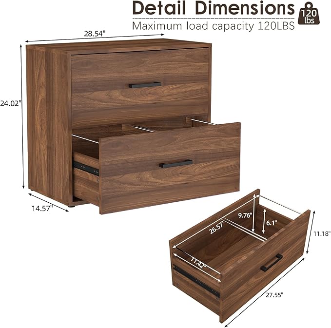 FATIGOS 2 Drawer File Cabinet, Wood Lateral Filing Cabinets, Wide Office File - Image 3