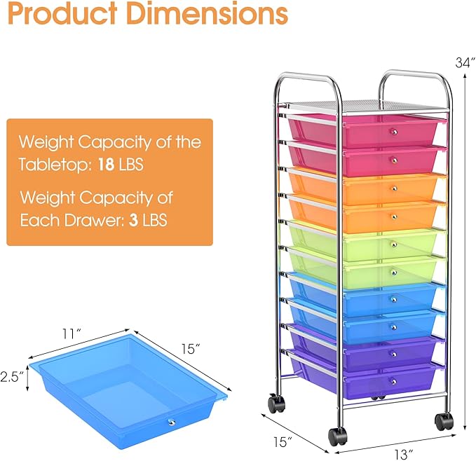GLACER 10 Drawers Rolling Cart, Storage Cart - Image 3