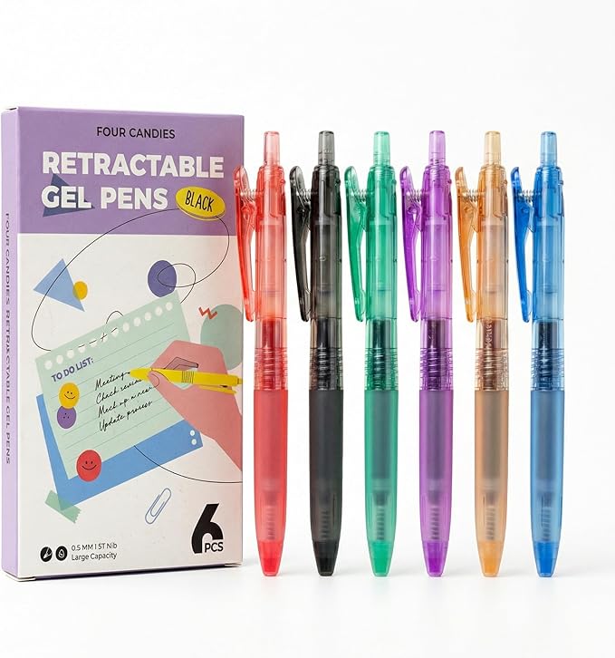 Four Candies 6Pack 0.5mm Black Ink Quick Dry Retractable Gel Pen Set, Cute by FourCandies