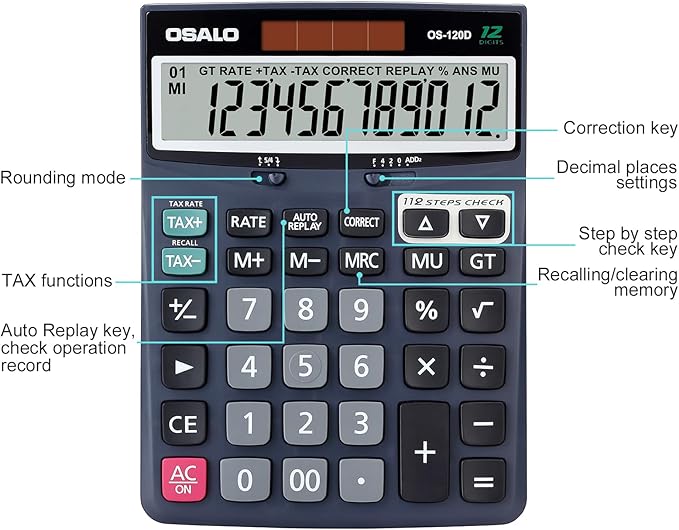 OSALO 12 Digits Desktop Calculator Extra Large LCD Display - Image 3