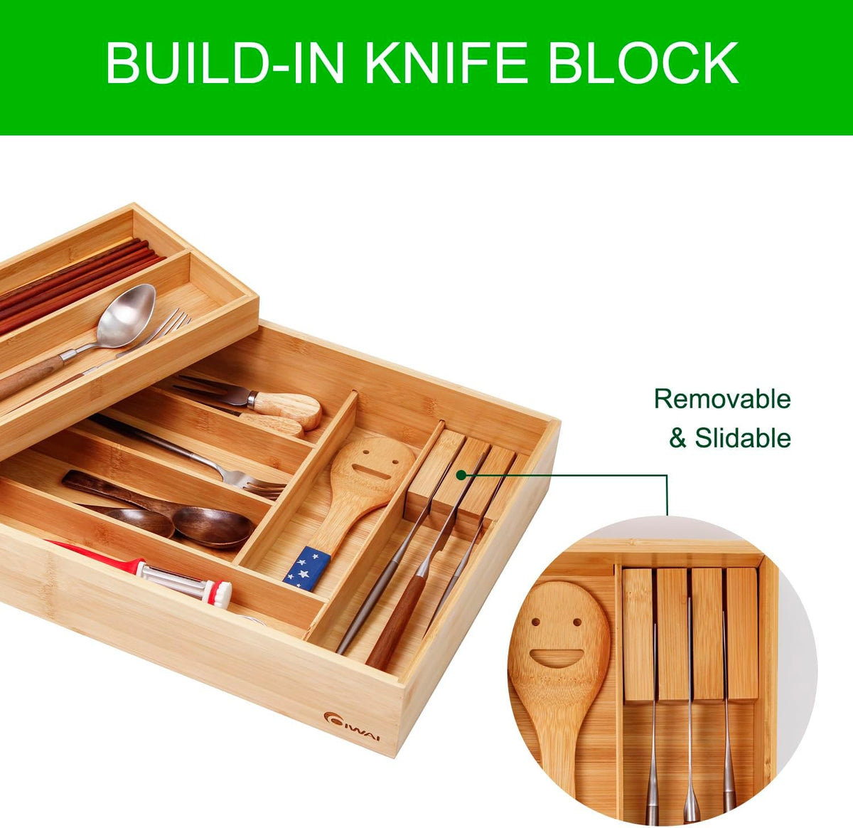 COIWAI Two tier Bamboo kitchen Drawer Organizer Cutlery Utensil Silverware Or...