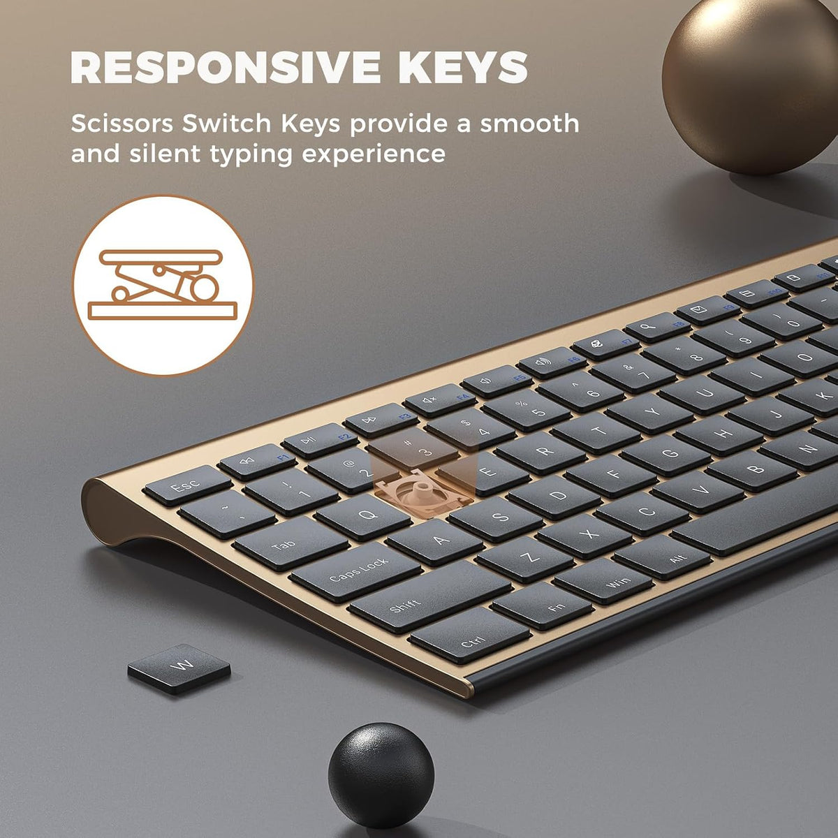 Vssoplor Wireless Keyboard and Mouse, Rechargeable Ultra Slim, Black Gold