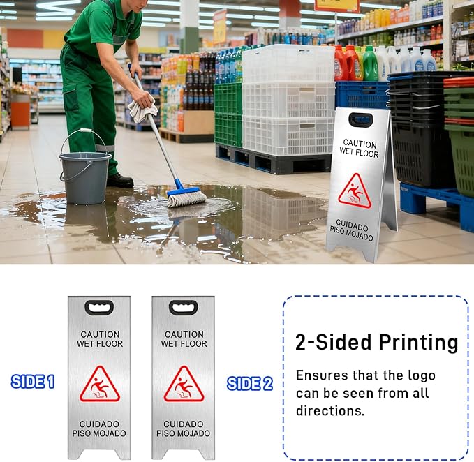 Kerty 4 Pack Stainless Steel Wet Floor Sign, 24 Inch Caution Wet Floor Sign - Image 3