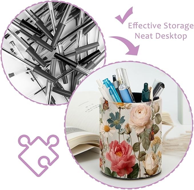 Leather Pen Holder for Desk Floral Butterflies Pretty Pencil Cup Desktop - Image 4