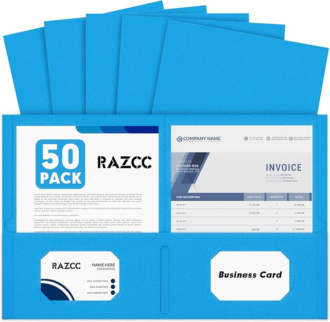 Two Pocket Folders, RAZCC 50 Pack 2 Pocket Folders Fit Letter Size Paper by RAZCC