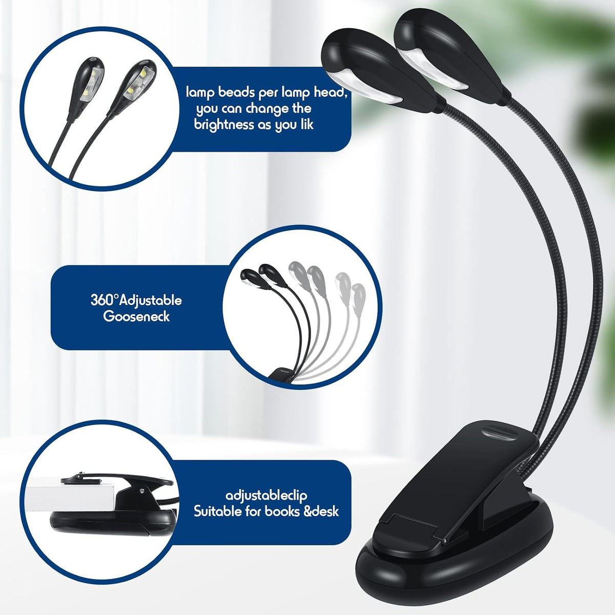 Rossesay 10 Pcs LED Music Stand Clip on Book Light USB Battery Operated