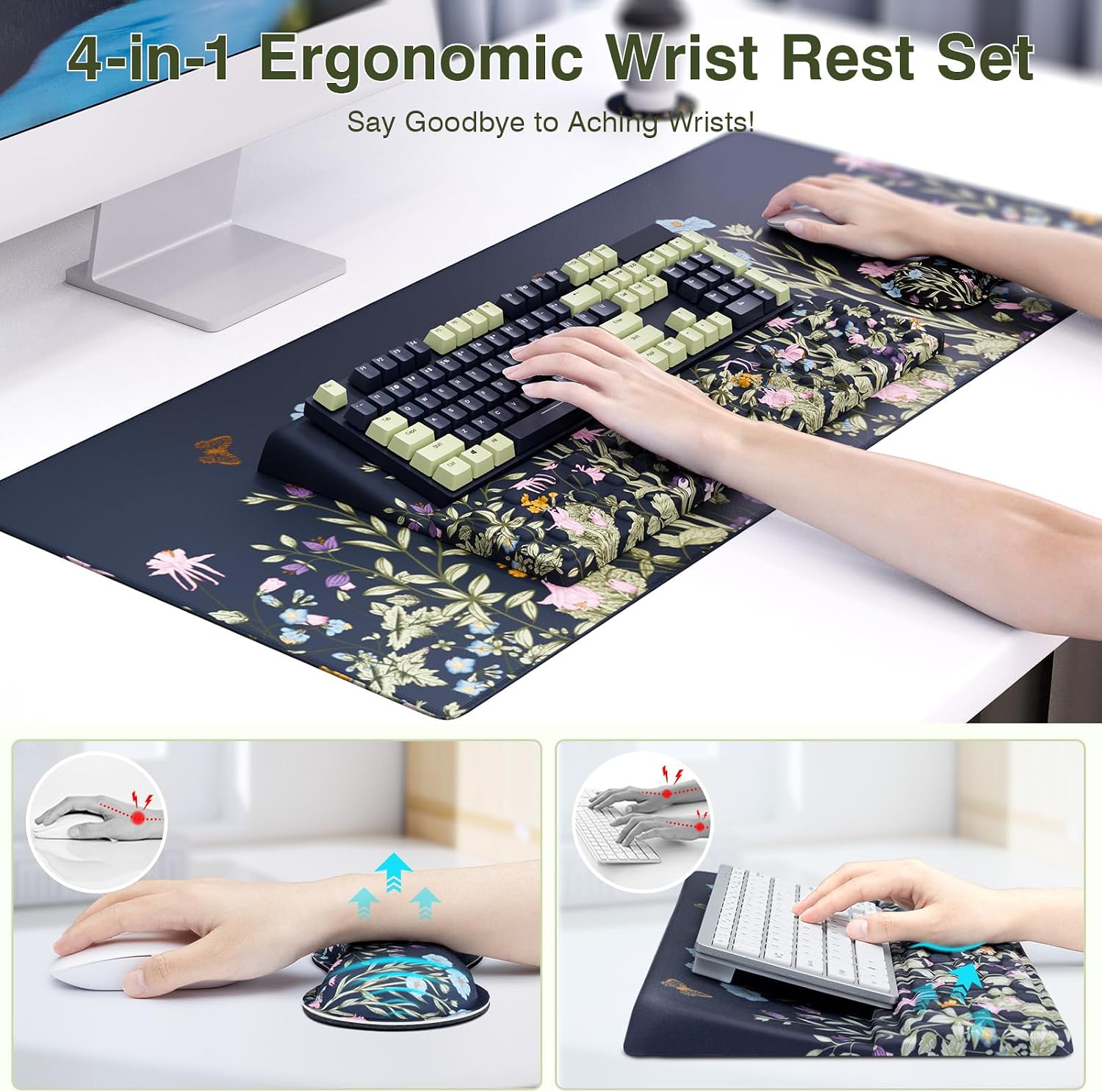 Ospelelf Keyboard Wrist Rest Stand Pad and Ergonomic Mouse Pad Set with Large Mousepad, Memory Foam Comfort, Premium Office Desk Accessories for Pain Relief, Moonlit Blossoms