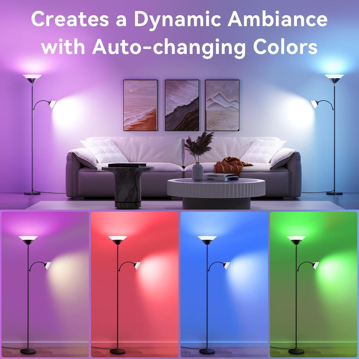 SIBRILLE RGB Torchiere Floor Lamp, 2-in-1 Dimmable Standing Lamp with Remote ...