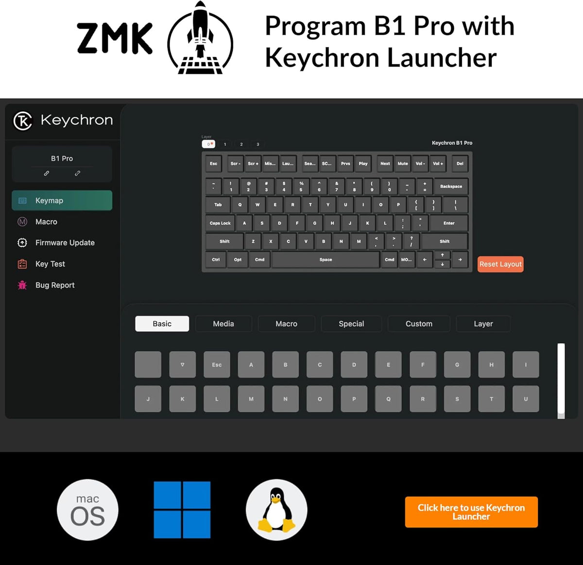 Keychron B1 Pro Ultra-Slim ZMK/Launcher Wireless Bluetooth 2.4 GHz/Wired Conn...