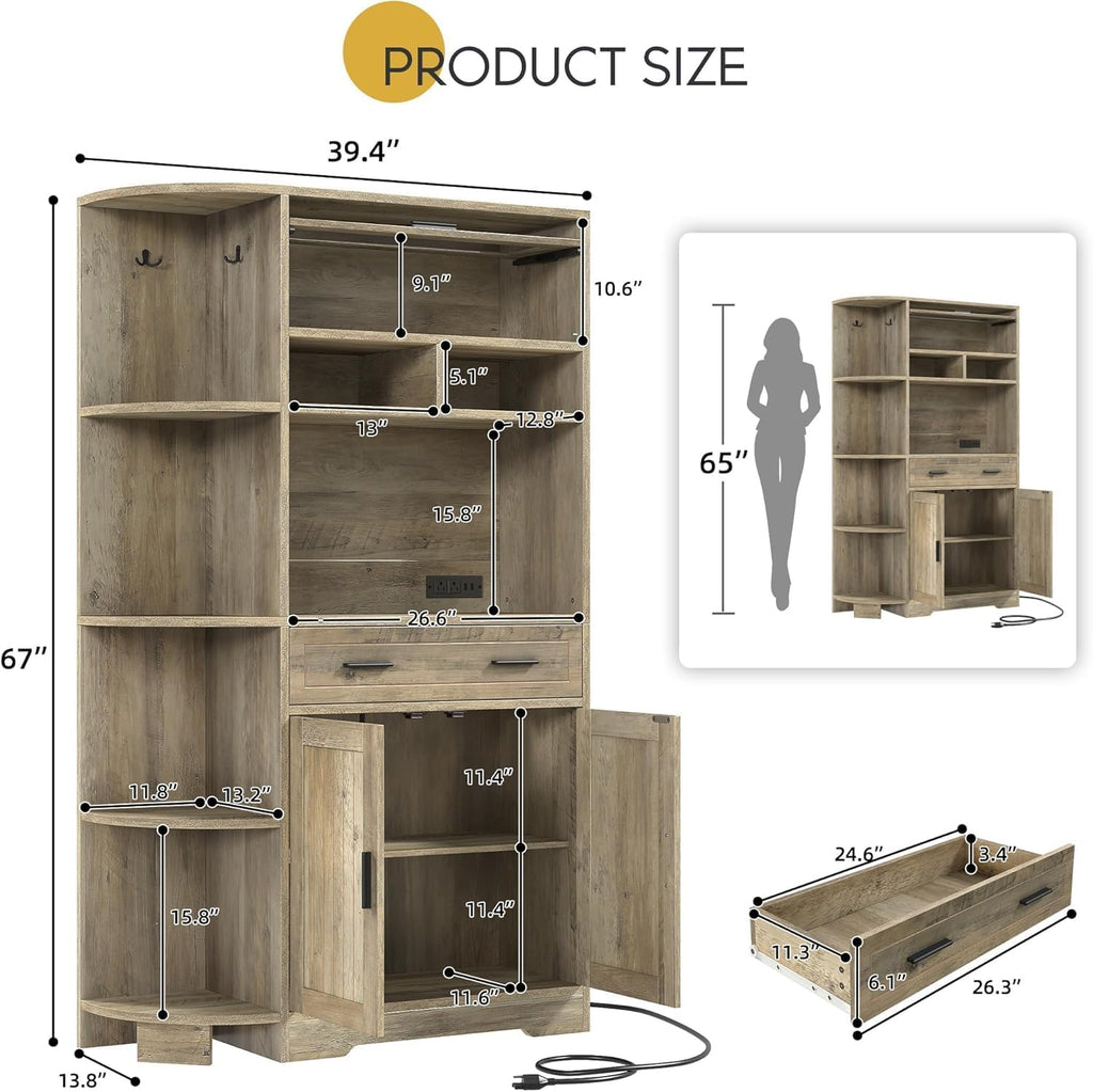 YITAHOME 67" Kitchen Hutch with Outlet, Shelves & Drawer, Antique Gray | Farmhouse Microwave Stand Buffet Coffee Bar for Living Room and Dining Room
