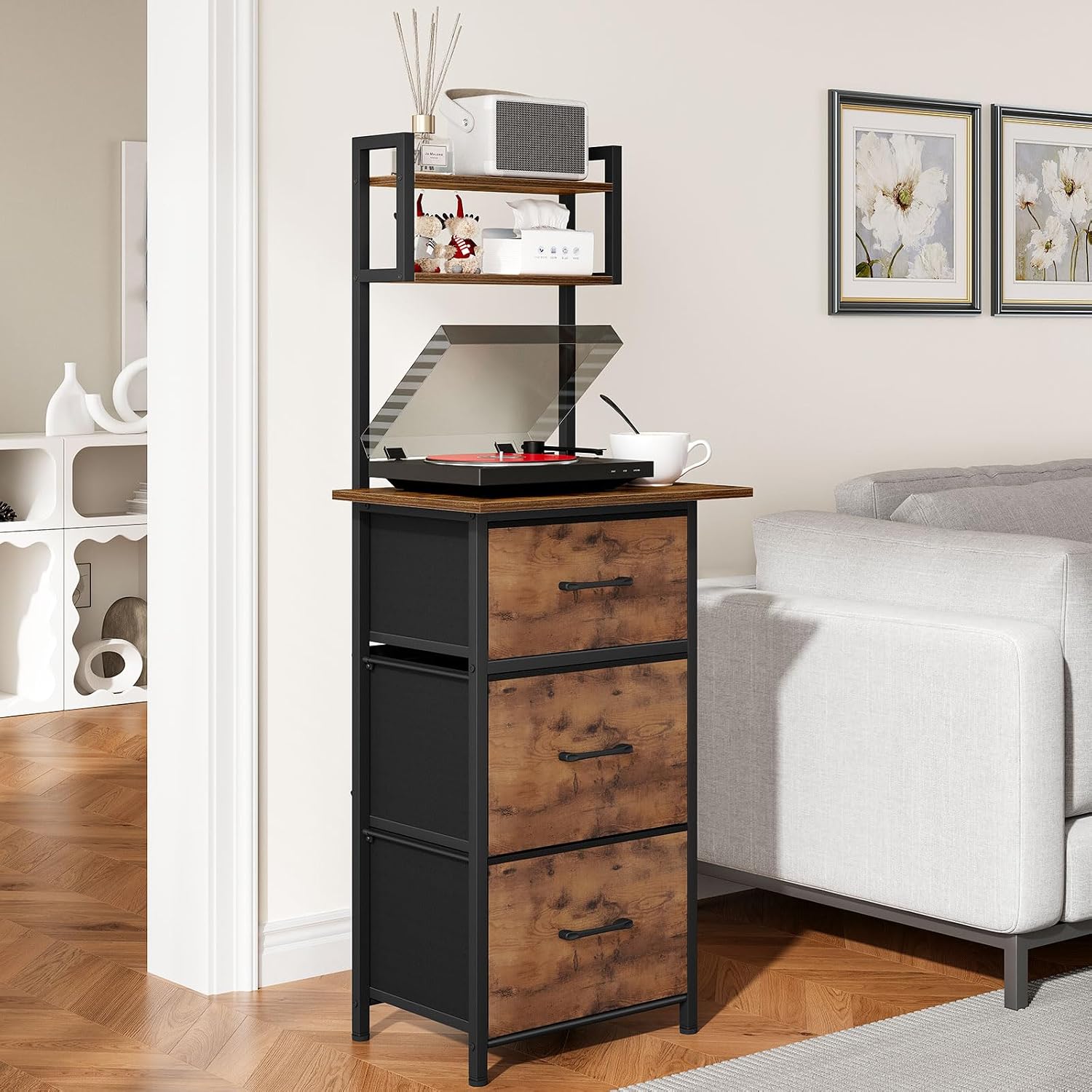 Snughome 3 Drawer Tall File Cabinet with 19.7'' Extended Desktop, 3-Tier Filing Cabinet for Home Office 51.6''H Vertical File Cabinet Printer Stand with Drawers, Fits A4/Letter/Legal,Rustic Brown