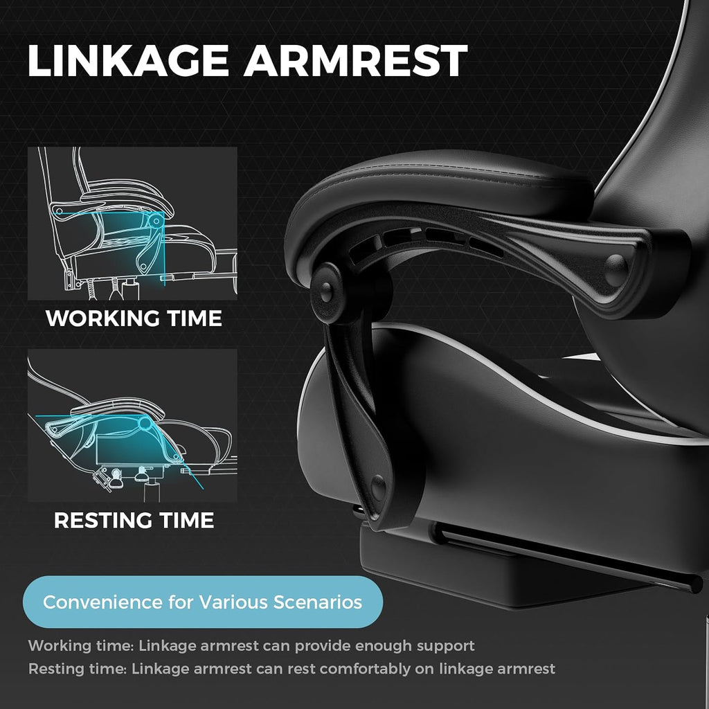 gtplayer gaming chair, computer chair with footrest and showing dimensions