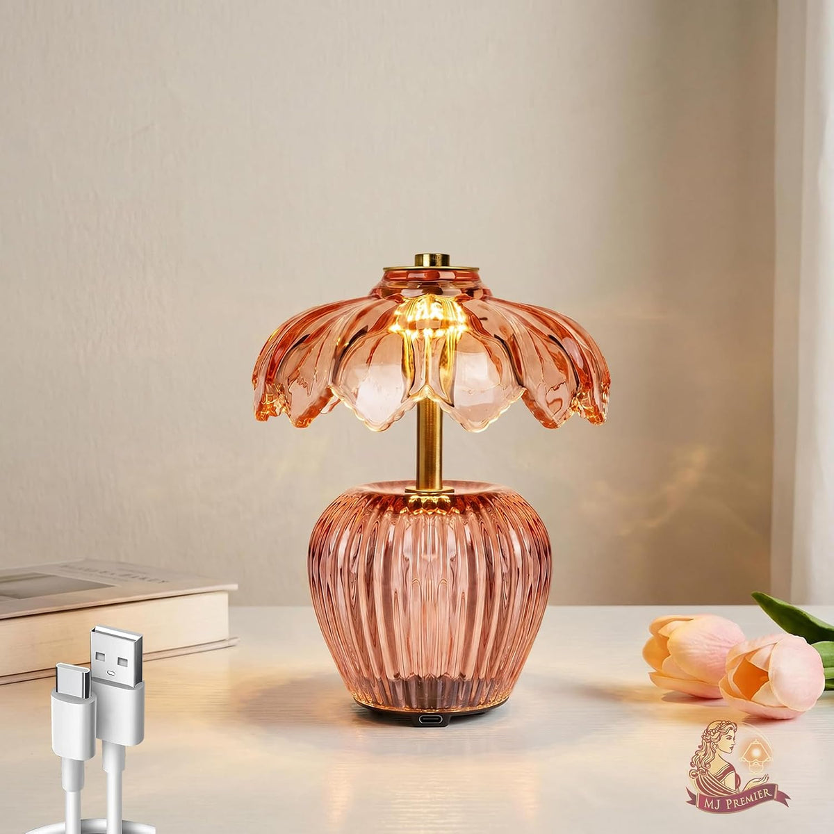 MJ PREMIER Rechargeable Table Lamp, Small Cordless Lamp with Timer, Pink